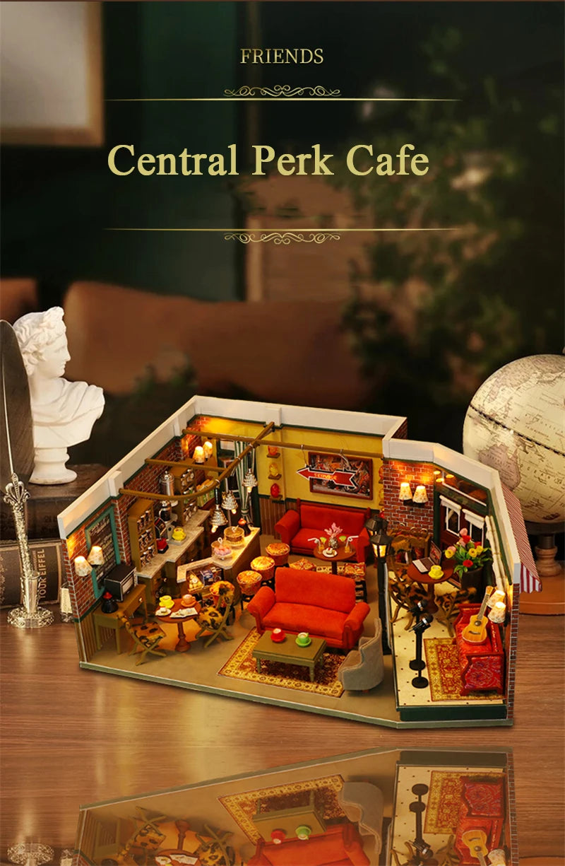 DIY Wooden Central Perk Cafe Casa Miniature Building Kits Bookend With Lights Assembled Bookshelf Home Decoration Friends Gifts
