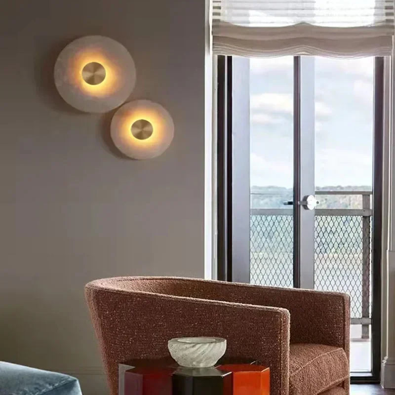 Art Deco Round LED Wall Sconce Natural Marble Brass Parlor Aisle Corridor  Lights Atmosphere Decoration Lamp Drop Shipping