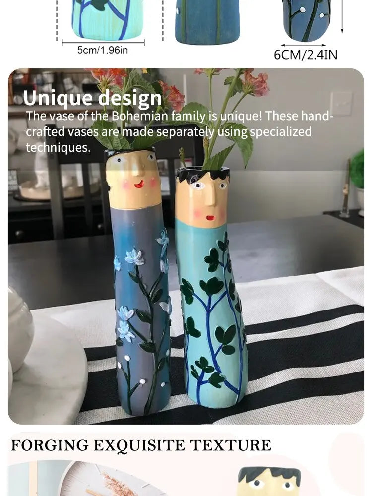 Bohemian Family Face Vase Handmade Resin Dried Flowers Home Decor Vase Crafts Bathroom Bookshelf Living Room Decoration