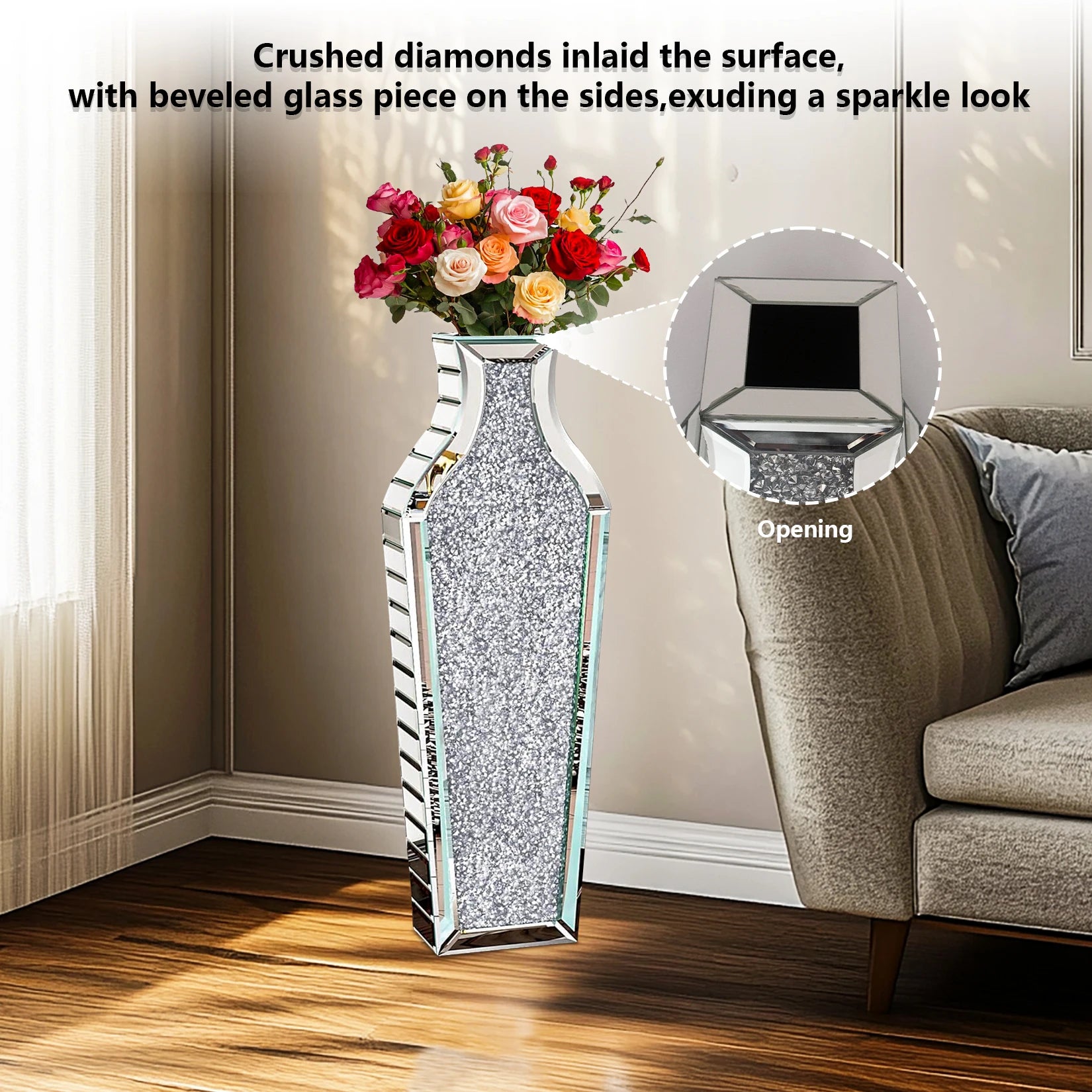 Tall Flower Vase Crushed Diamond Mirrored Floor Home Deco Vase