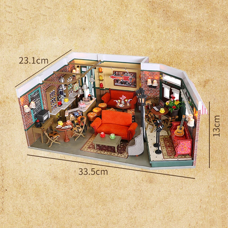 DIY Wooden Central Perk Cafe Casa Miniature Building Kits Bookend With Lights Assembled Bookshelf Home Decoration Friends Gifts