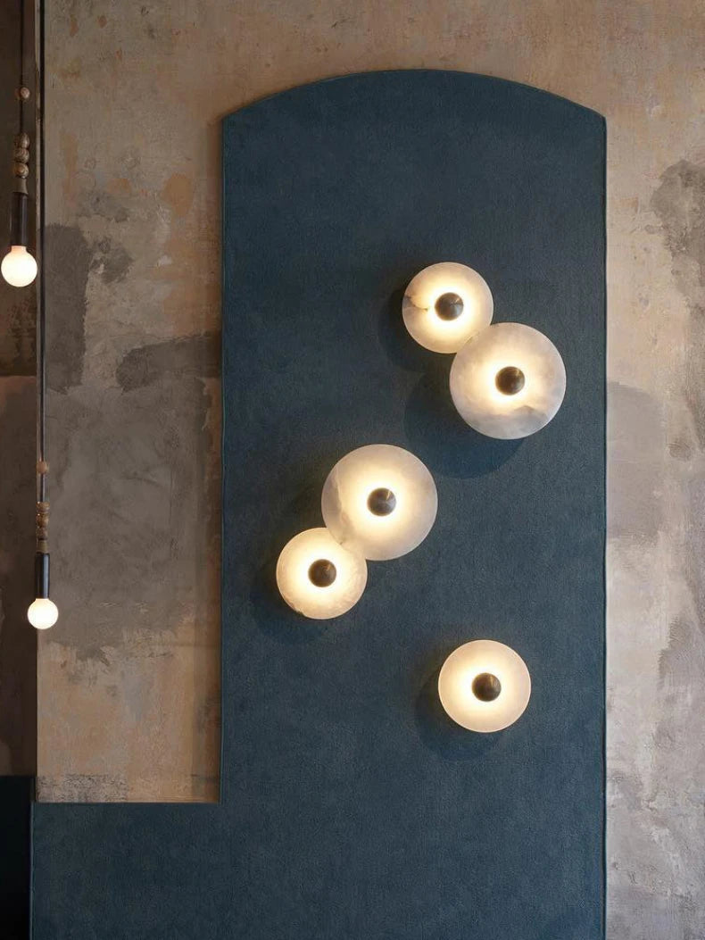 Art Deco Natural Marble LED Wall Lamp Hotel Hall Foyer Aisle Corridor Sconce Round Stone Gold Aluminium Free Collocation