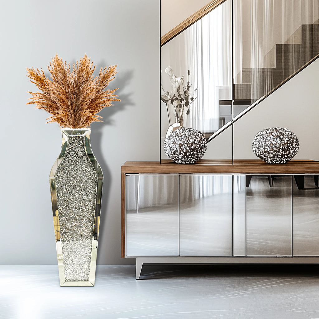 Tall Flower Vase Crushed Diamond Mirrored Floor Home Deco Vase