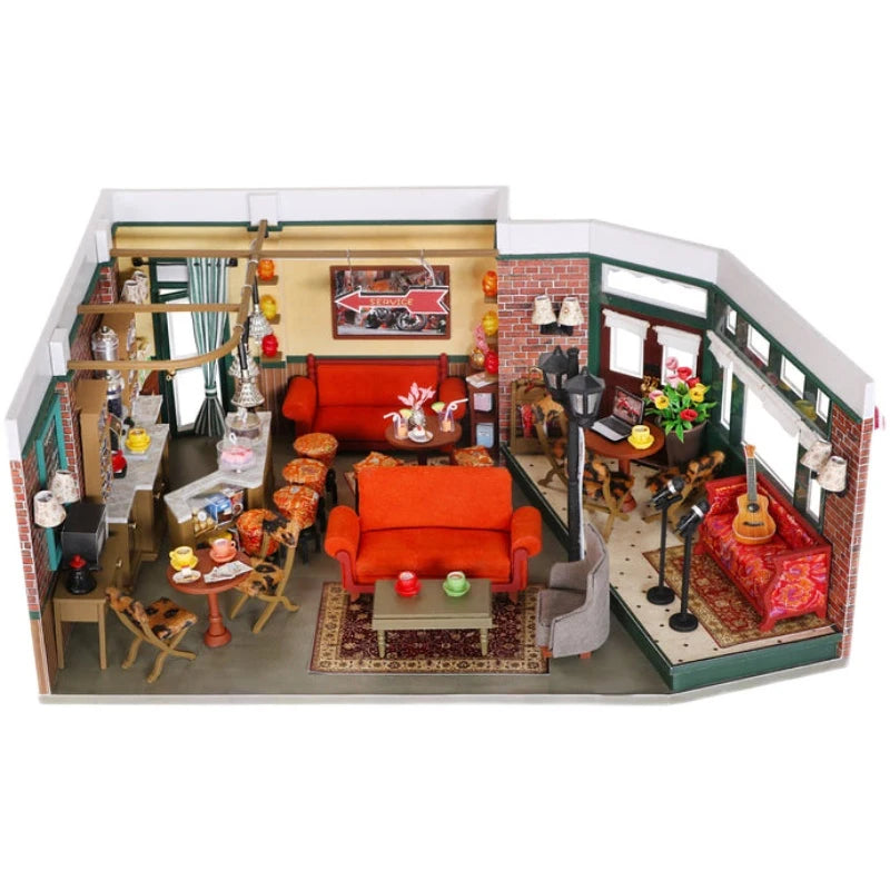 DIY Wooden Central Perk Cafe Casa Miniature Building Kits Bookend With Lights Assembled Bookshelf Home Decoration Friends Gifts