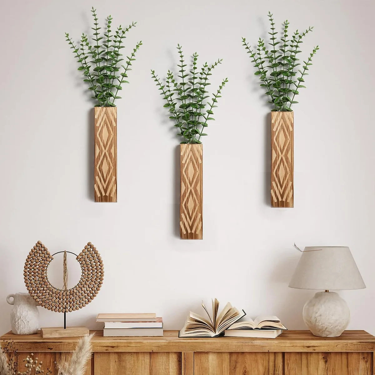 Bohemian Style  Wall Vases Dried Flower Vases Decorated with Simulated Plants Wooden Vases Living Room Decoration