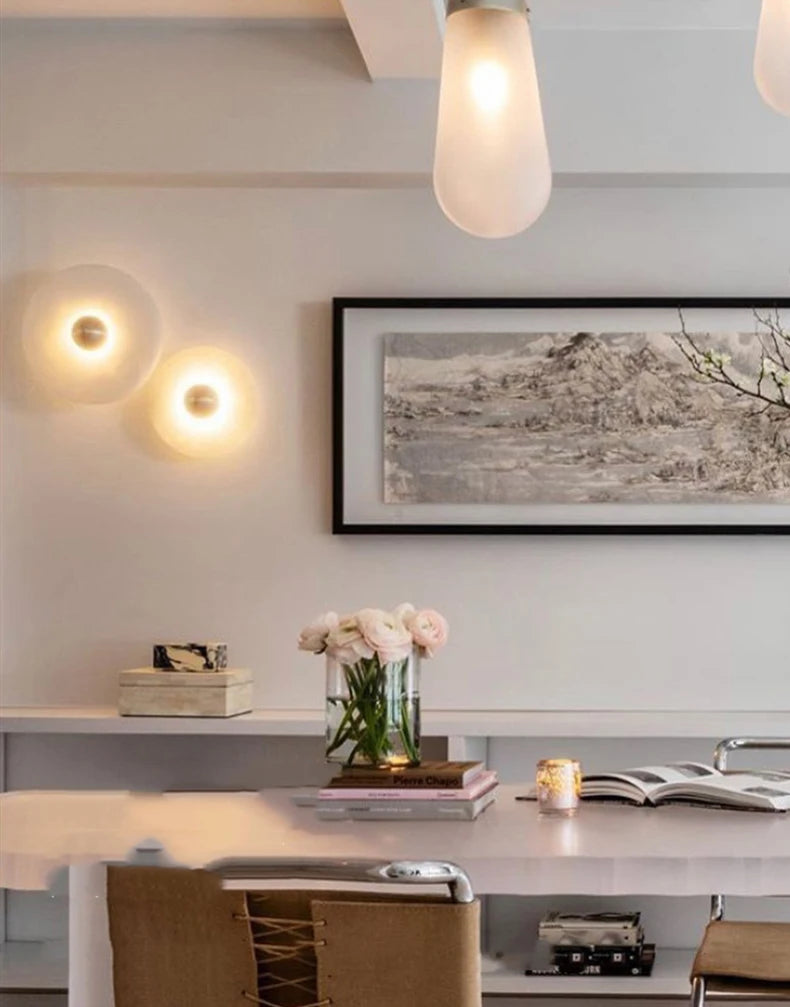 Art Deco Natural Marble LED Wall Lamp Hotel Hall Foyer Aisle Corridor Sconce Round Stone Gold Aluminium Free Collocation