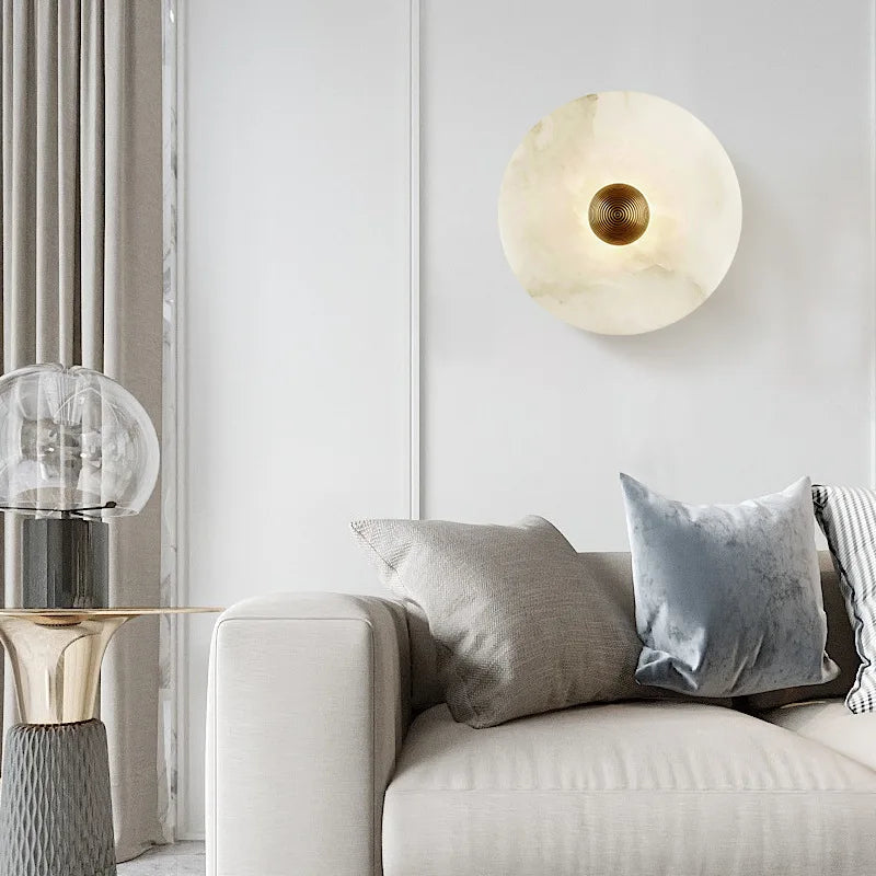 Art Deco Round LED Wall Sconce Natural Marble Brass Parlor Aisle Corridor Wall Lights Atmosphere Decoration Lamp Drop Shipping