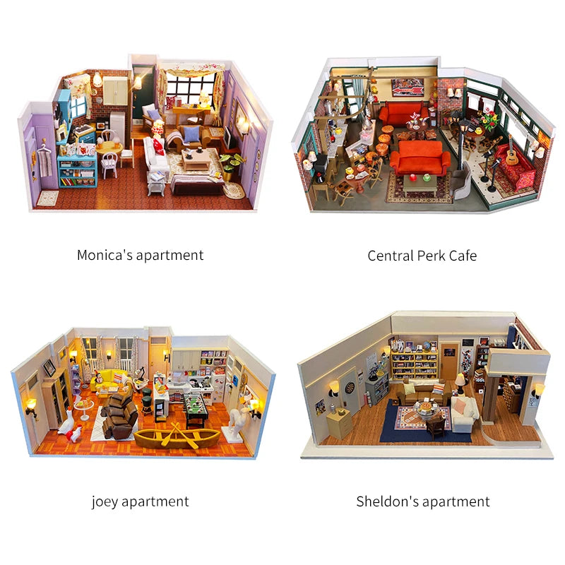 DIY Wooden Central Perk Cafe Casa Miniature Building Kits Bookend With Lights Assembled Bookshelf Home Decoration Friends Gifts