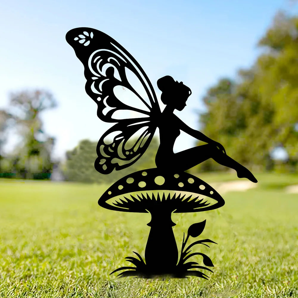 Art Deco Metal Mushroom Fairies Garden Theme Wall Sculpture Elves Home Iron Fairy Decor Artwork Sign Outdoor Decorative Gifts