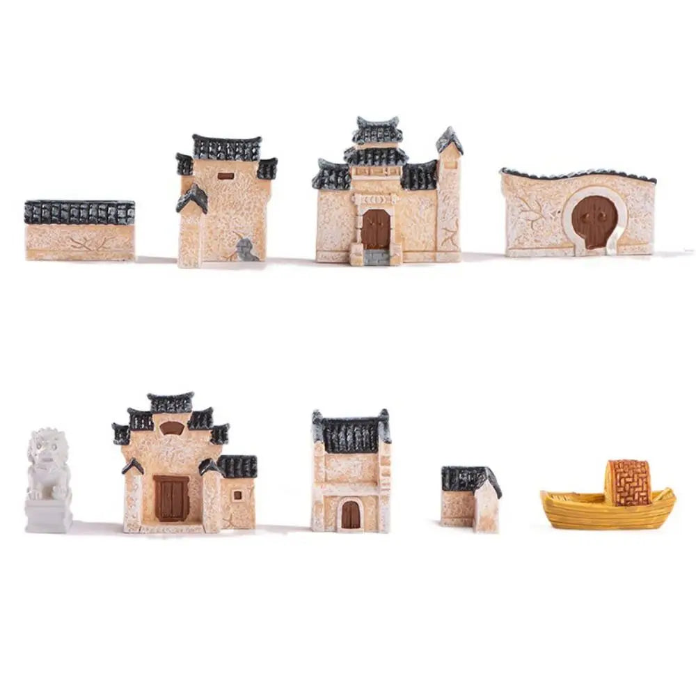 Decorative Mini Resin House Chinese Style Retor Bonsai Landscaping Resin Mini House Retro Building Home Desk