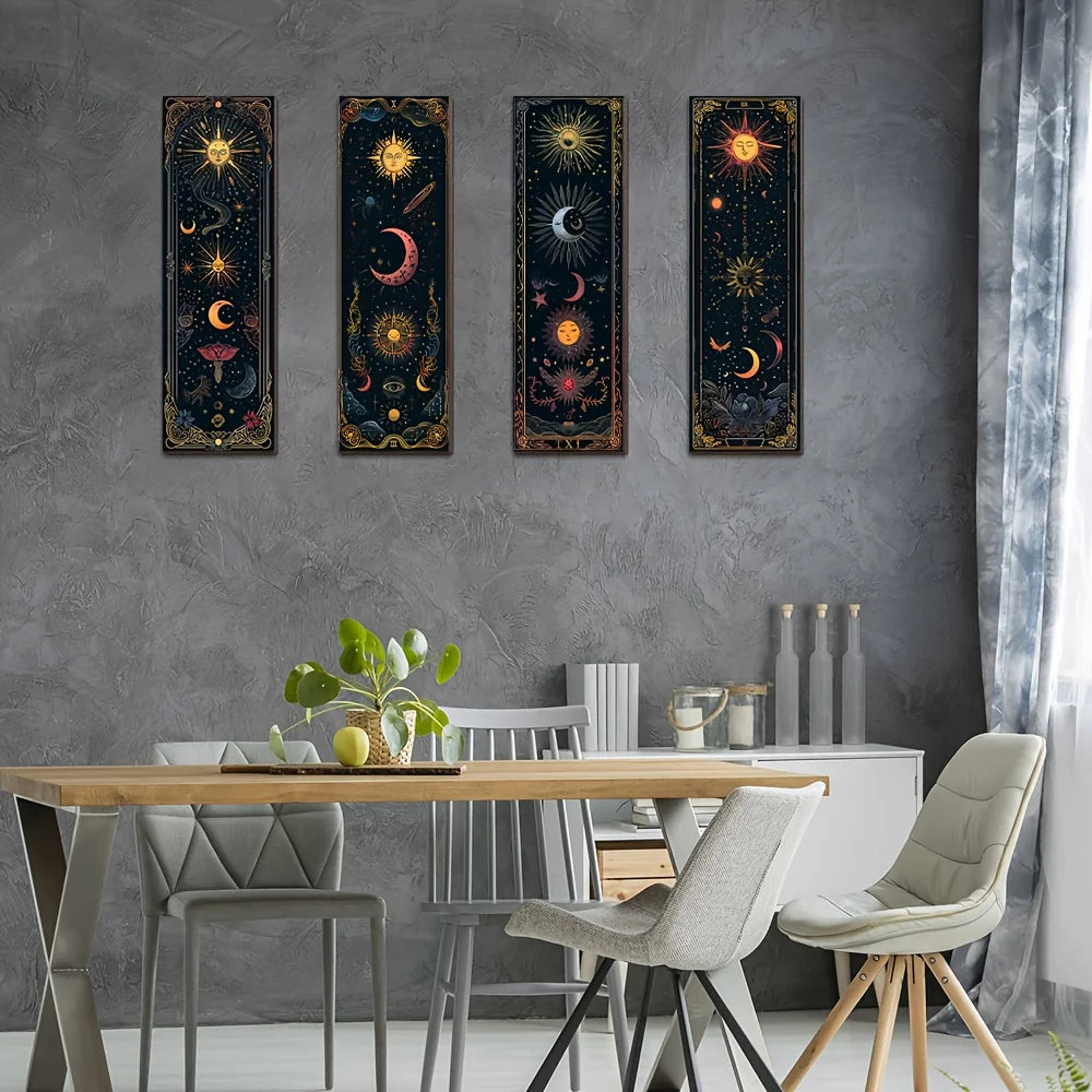4Bohemian Gothic Style Simple Wooden Wall Decoration - Sun Moon Stars and Mysterious Symbols Decoration，Farmhouse Witch Room Dec