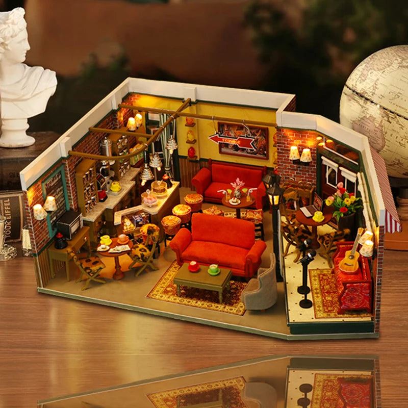 DIY Wooden Central Perk Cafe Casa Miniature Building Kits Bookend With Lights Assembled Bookshelf Home Decoration Friends Gifts