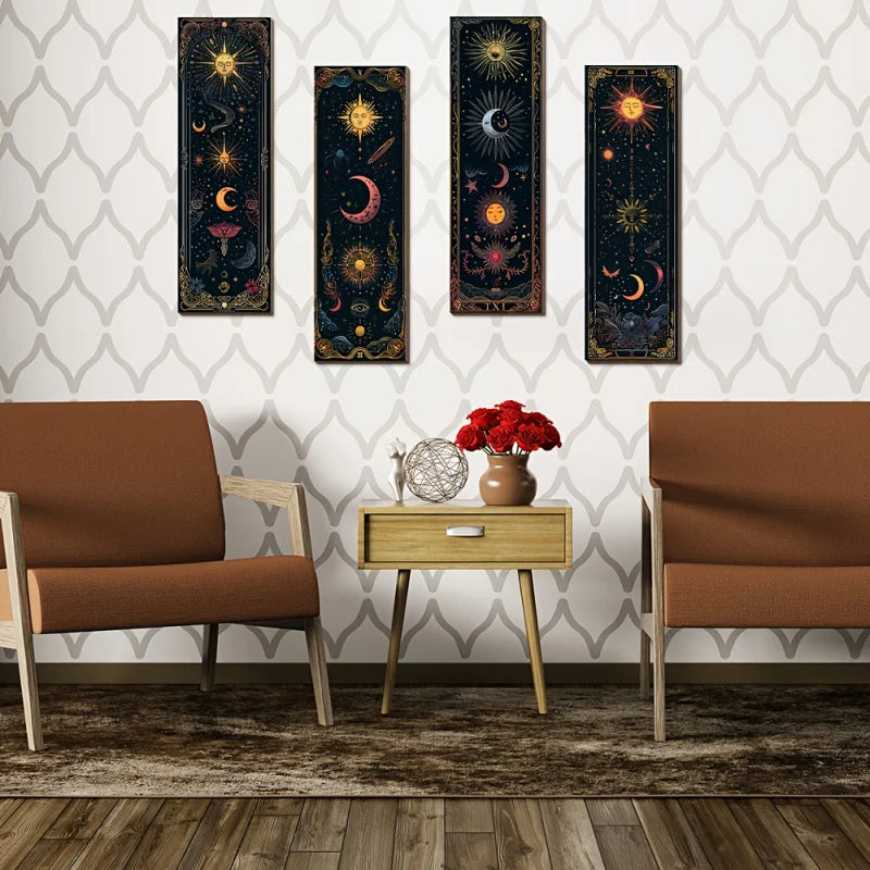 4Bohemian Gothic Style Simple Wooden Wall Decoration - Sun Moon Stars and Mysterious Symbols Decoration，Farmhouse Witch Room Dec