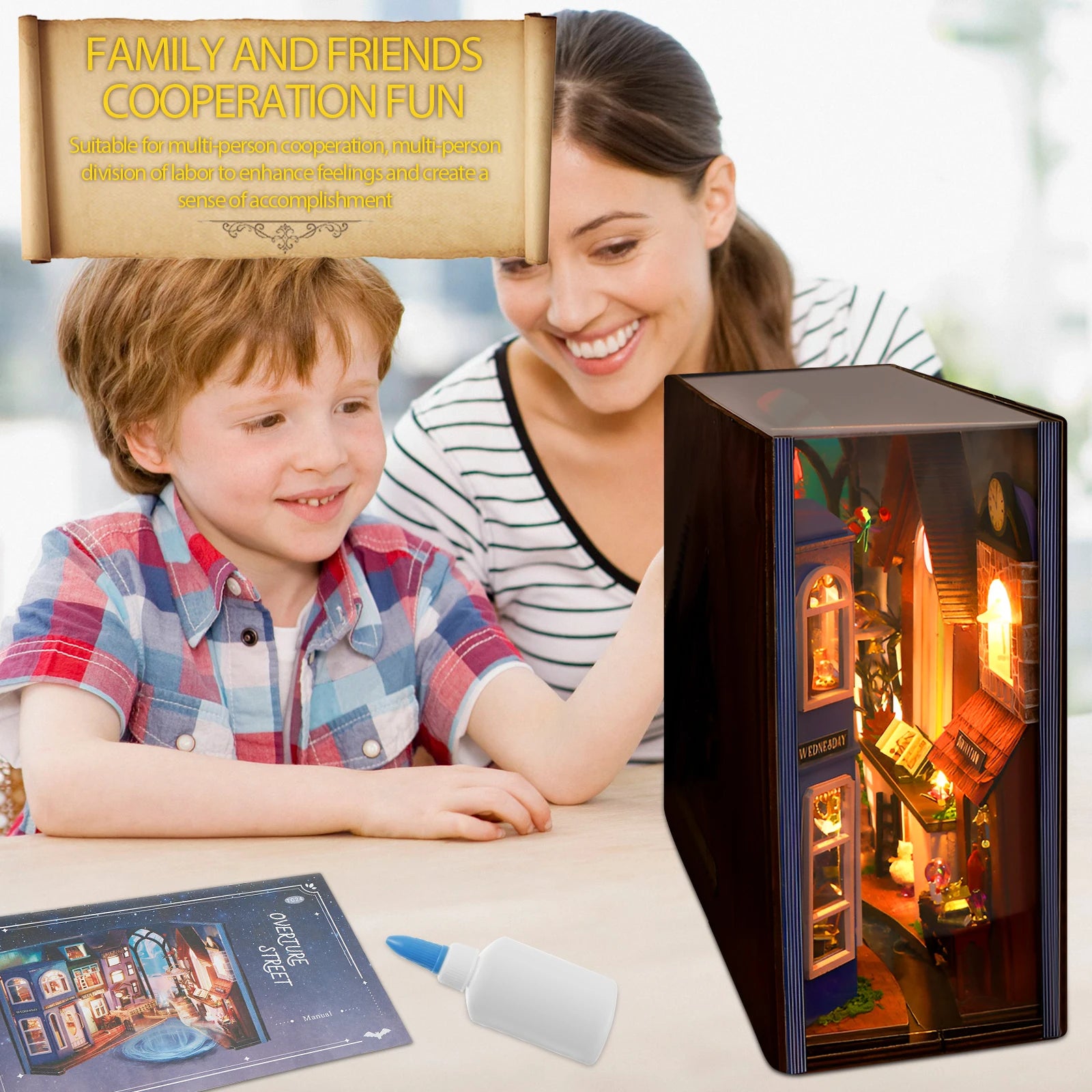 DIY Book Nook Kit Decorative Miniature House Bookend Bookshelf Insert Decor Kit Creative DIY Bookend Model Set for Desk