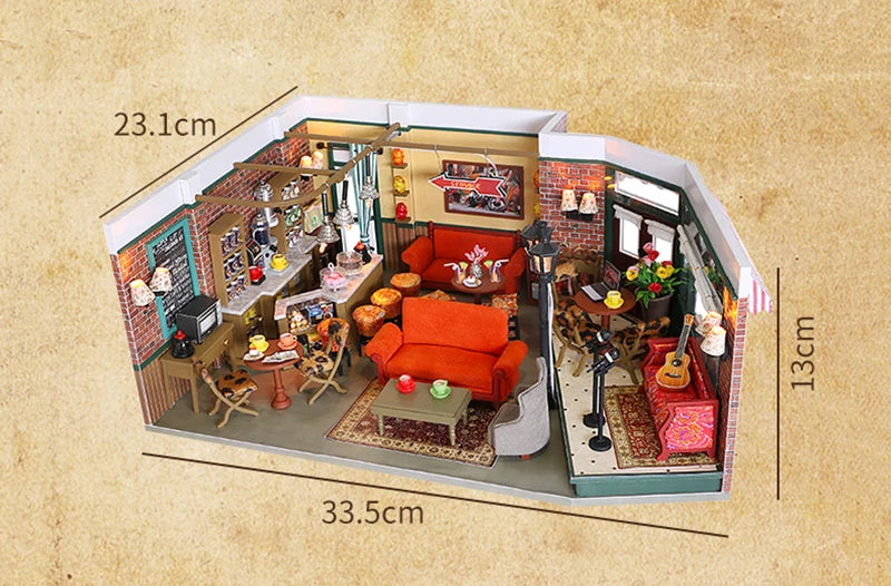 DIY Wooden Central Perk Cafe Casa Miniature Building Kits Bookend With Lights Assembled Bookshelf Home Decoration Friends Gifts
