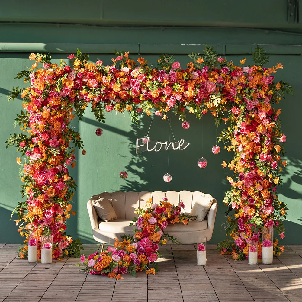 Deco Mariage Backdrop Fleurs Artificielles Decoration Custom Orange Pink Rose Hydrangea Floral Arrangement Decor Props HY2451