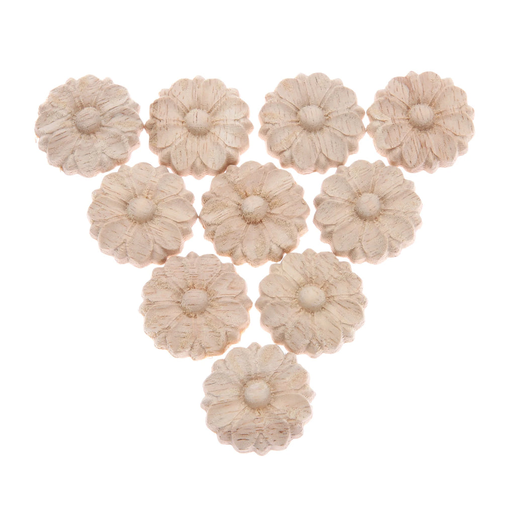 10Pc 3cm Wood Carved Corner Frame Applique Onlay Decal Round Flower Carving Craft Decals for Home Cabinet Door Dresser Bed Decor