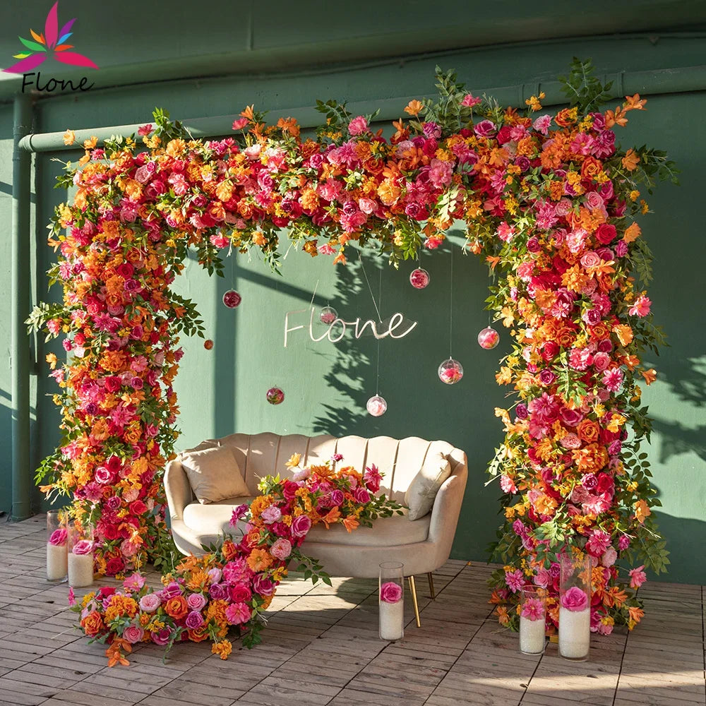 Deco Mariage Backdrop Fleurs Artificielles Decoration Custom Orange Pink Rose Hydrangea Floral Arrangement Decor Props HY2451