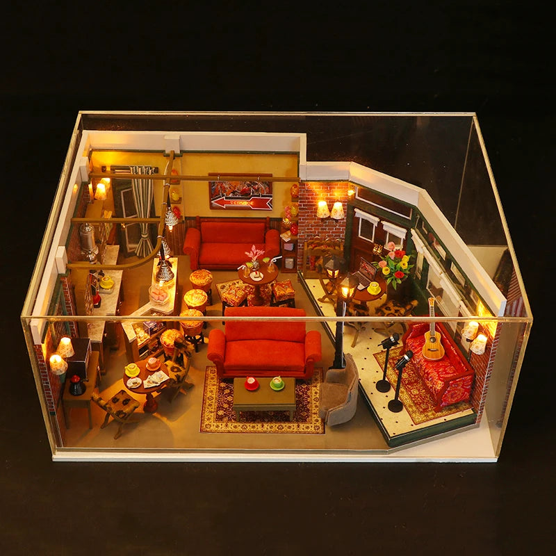 DIY Wooden Central Perk Cafe Casa Miniature Building Kits Bookend With Lights Assembled Bookshelf Home Decoration Friends Gifts