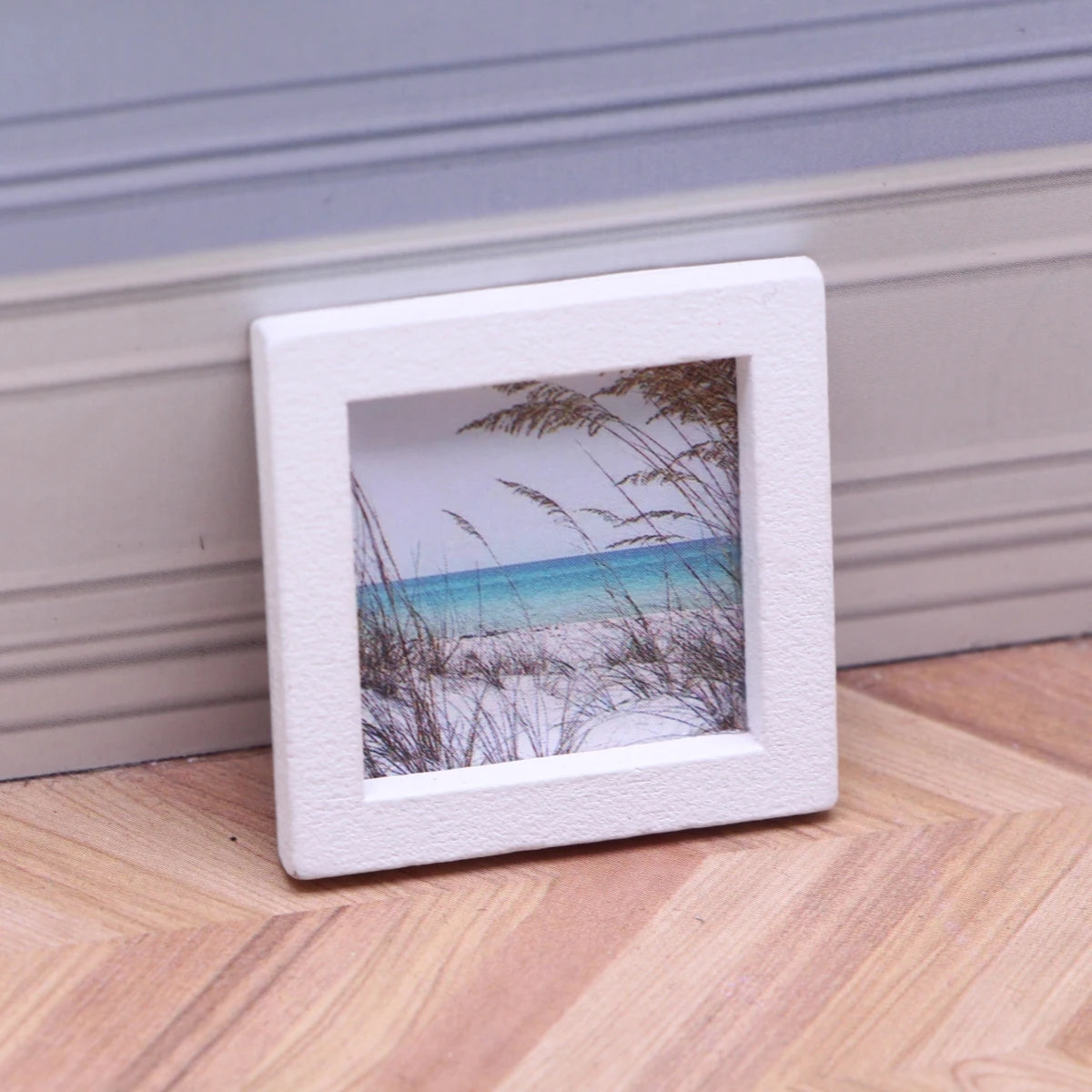 Dollhouse Miniature Wooden Ocean Beach Landscape Vintage Paintings Beach Pictures Framed Wall Art Mini Bedroom Living Home Deco