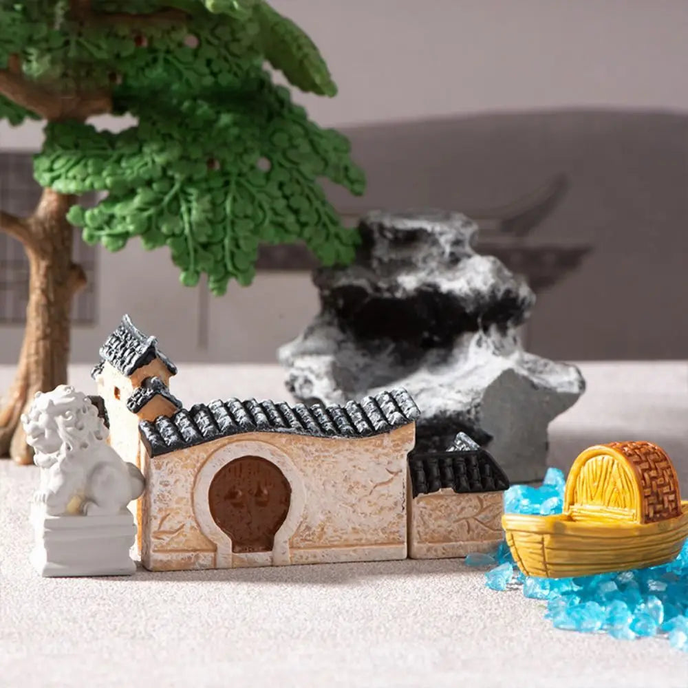Decorative Mini Resin House Chinese Style Retor Bonsai Landscaping Resin Mini House Retro Building Home Desk