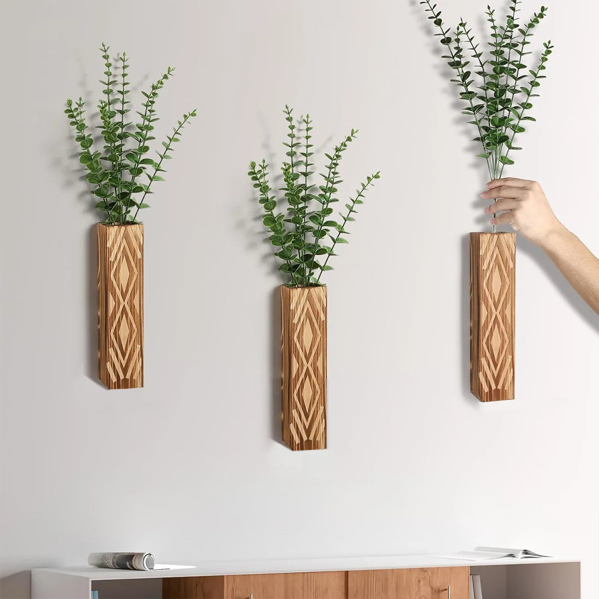 Bohemian Style  Wall Vases Dried Flower Vases Decorated with Simulated Plants Wooden Vases Living Room Decoration
