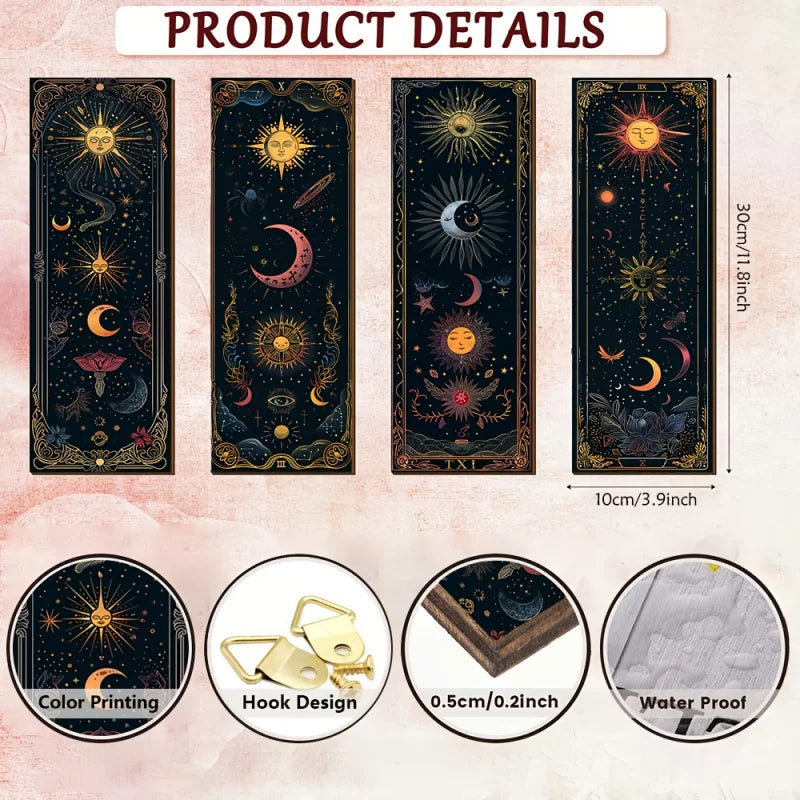 4Bohemian Gothic Style Simple Wooden Wall Decoration - Sun Moon Stars and Mysterious Symbols Decoration，Farmhouse Witch Room Dec