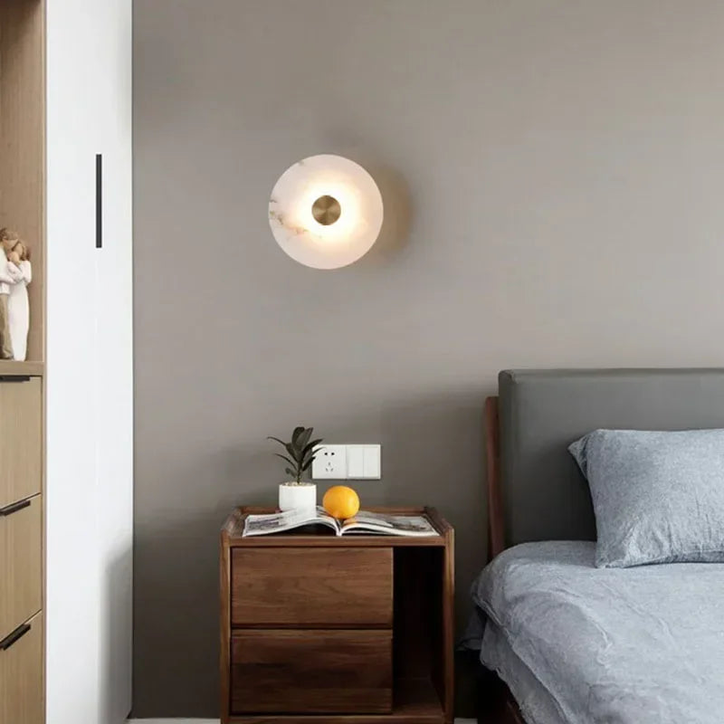 Art Deco Round LED Wall Sconce Natural Marble Brass Parlor Aisle Corridor  Lights Atmosphere Decoration Lamp Drop Shipping