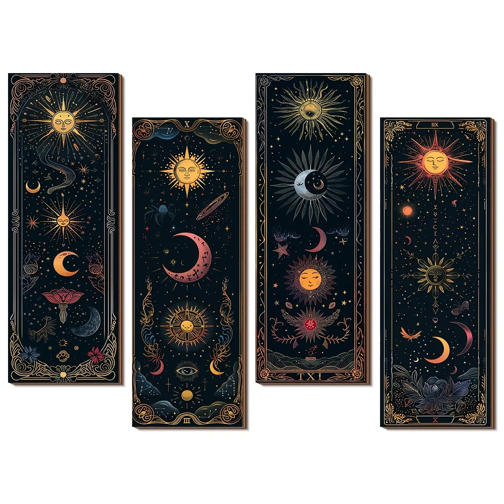 4Bohemian Gothic Style Simple Wooden Wall Decoration - Sun Moon Stars and Mysterious Symbols Decoration，Farmhouse Witch Room Dec