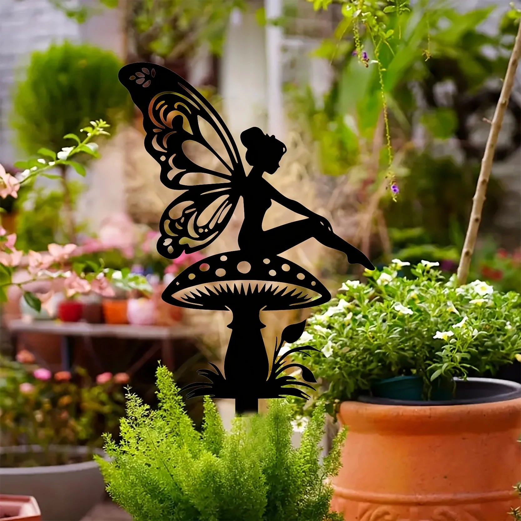 Art Deco Metal Mushroom Fairies Garden Theme Wall Sculpture Elves Home Iron Fairy Decor Artwork Sign Outdoor Decorative Gifts