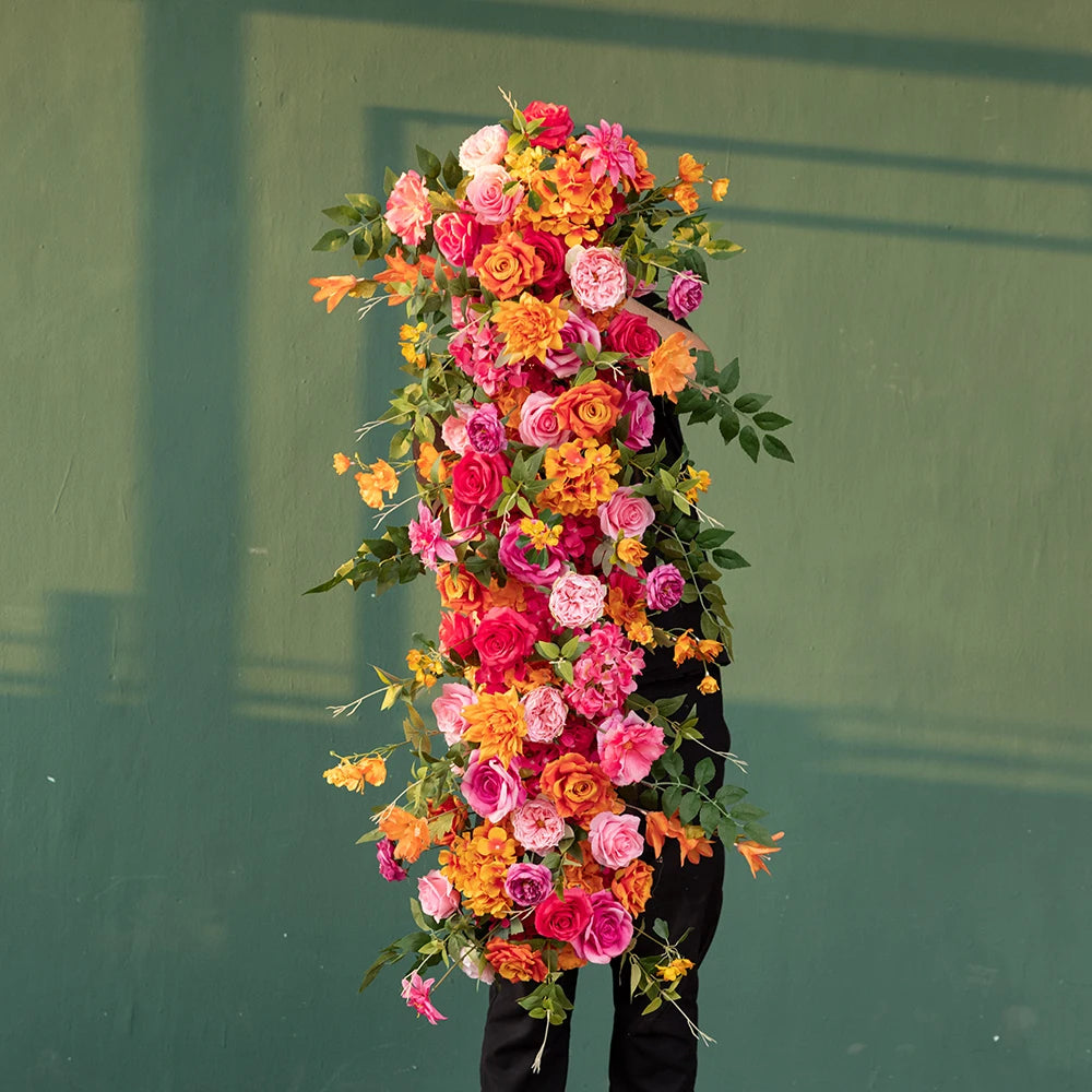 Deco Mariage Backdrop Fleurs Artificielles Decoration Custom Orange Pink Rose Hydrangea Floral Arrangement Decor Props HY2451