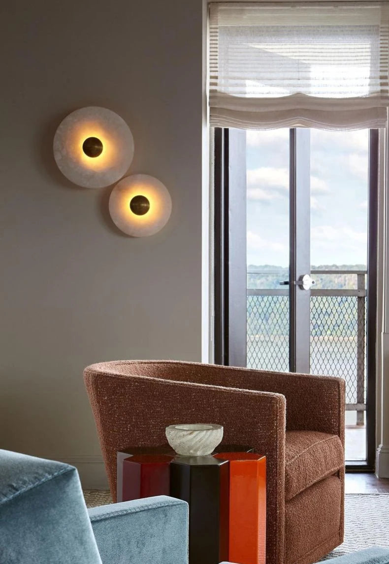 Art Deco Natural Marble LED Wall Lamp Hotel Hall Foyer Aisle Corridor Sconce Round Stone Gold Aluminium Free Collocation
