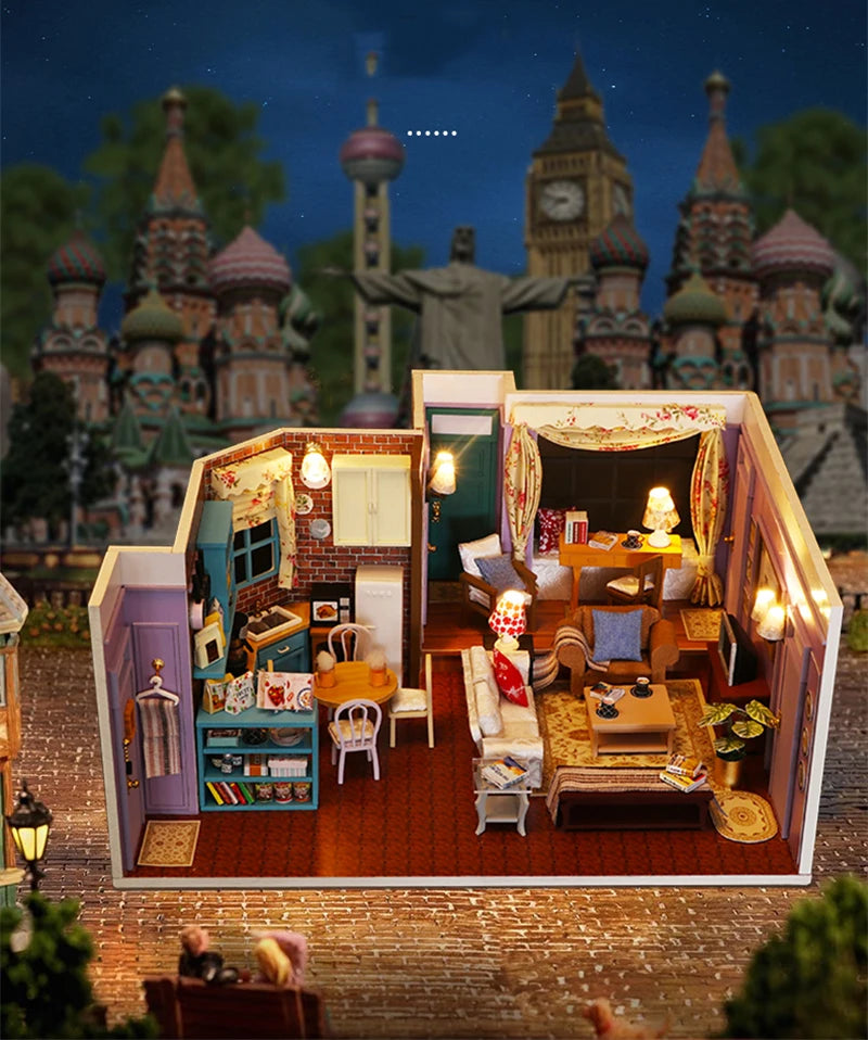 DIY Wooden Central Perk Cafe Casa Miniature Building Kits Bookend With Lights Assembled Bookshelf Home Decoration Friends Gifts