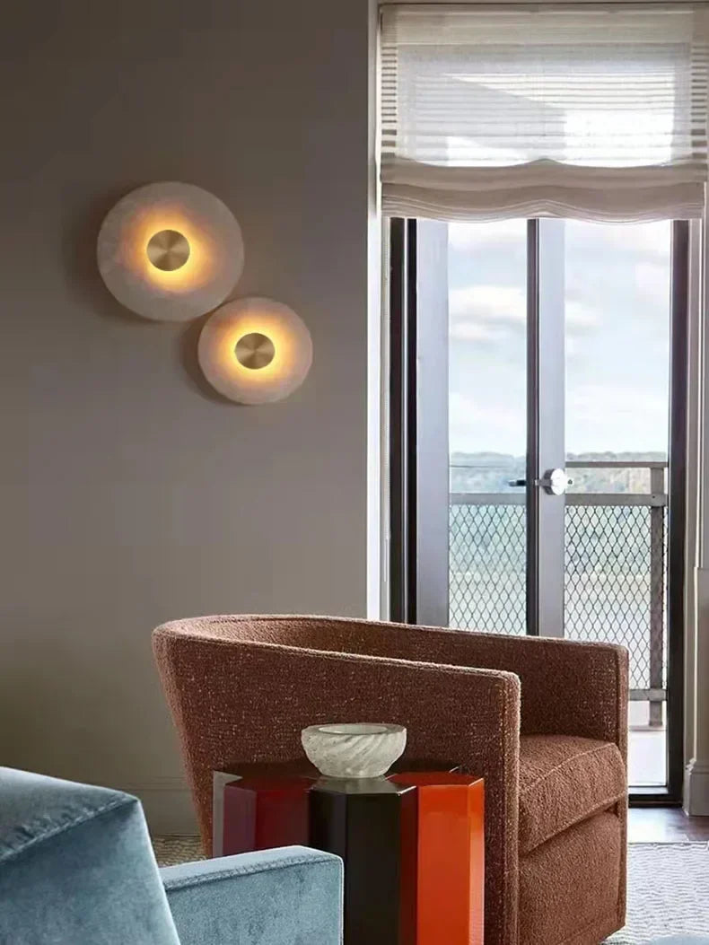 Art Deco Round LED Wall Sconce Natural Marble Brass Parlor Aisle Corridor  Lights Atmosphere Decoration Lamp Drop Shipping