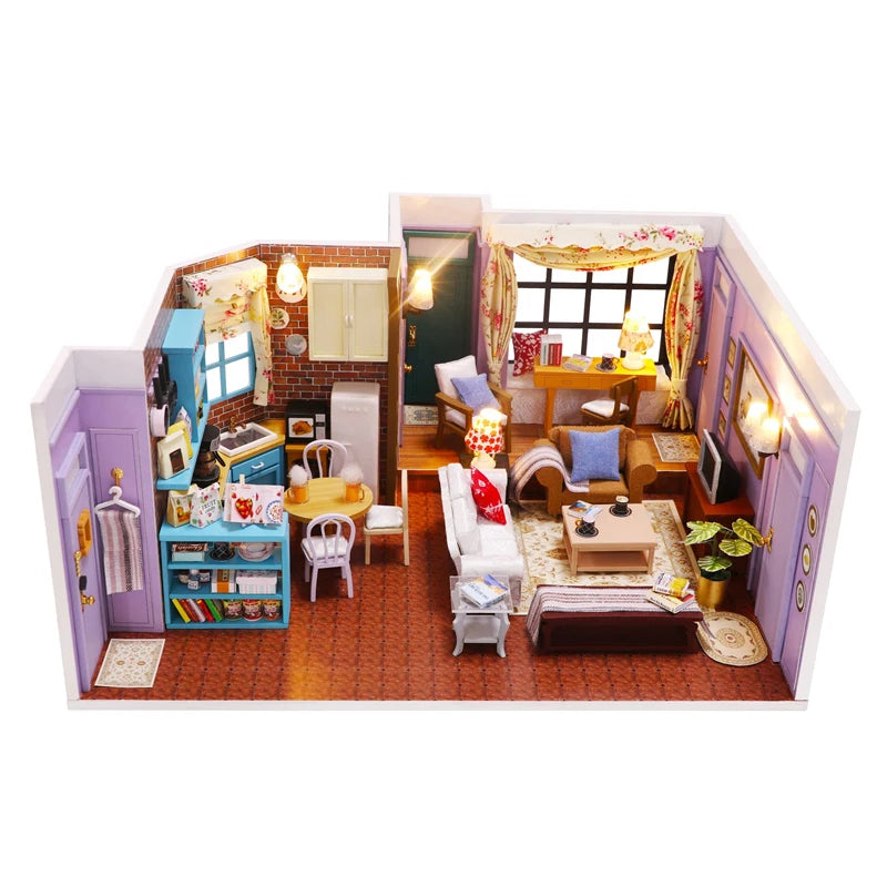 DIY Wooden Central Perk Cafe Casa Miniature Building Kits Bookend With Lights Assembled Bookshelf Home Decoration Friends Gifts