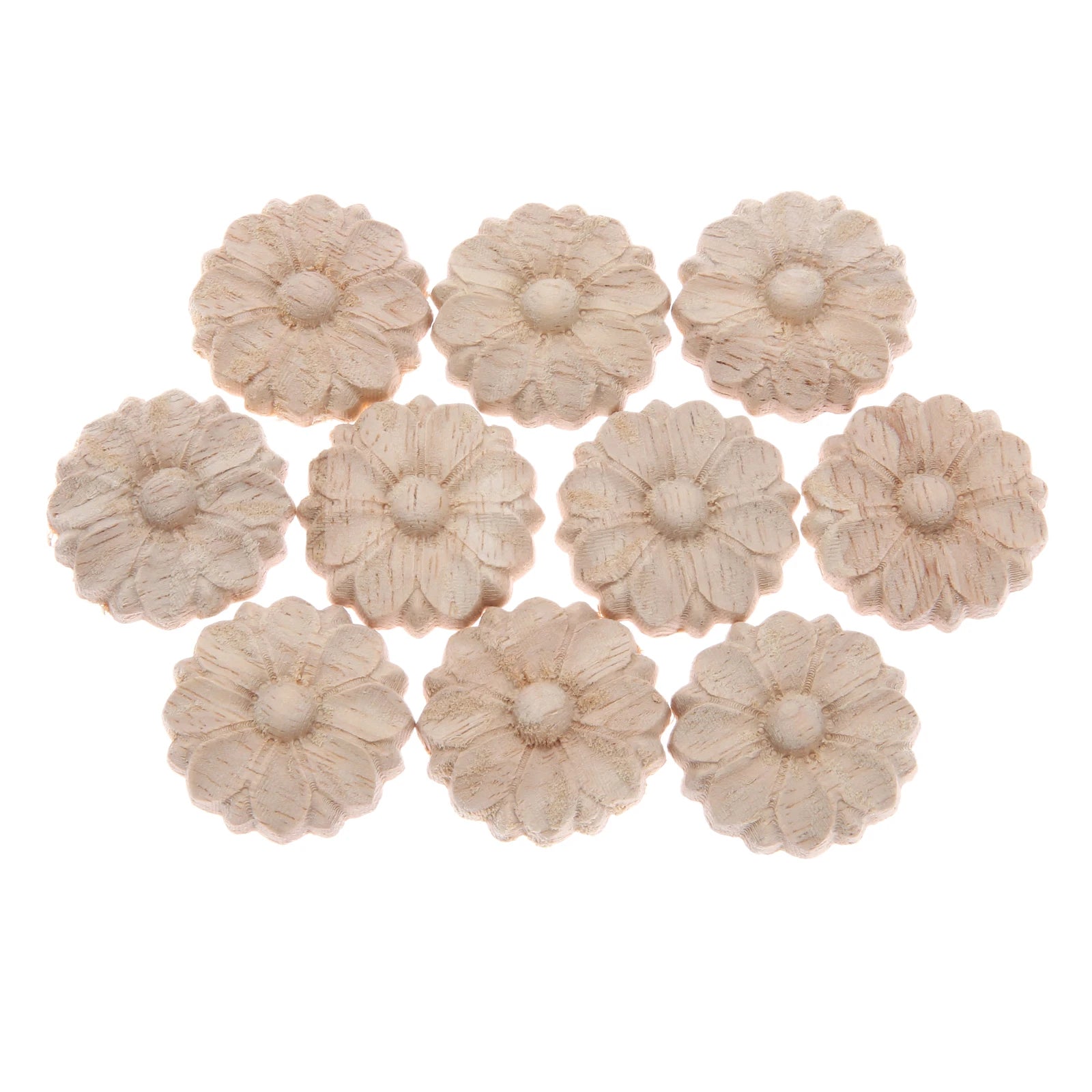10Pc 3cm Wood Carved Corner Frame Applique Onlay Decal Round Flower Carving Craft Decals for Home Cabinet Door Dresser Bed Decor