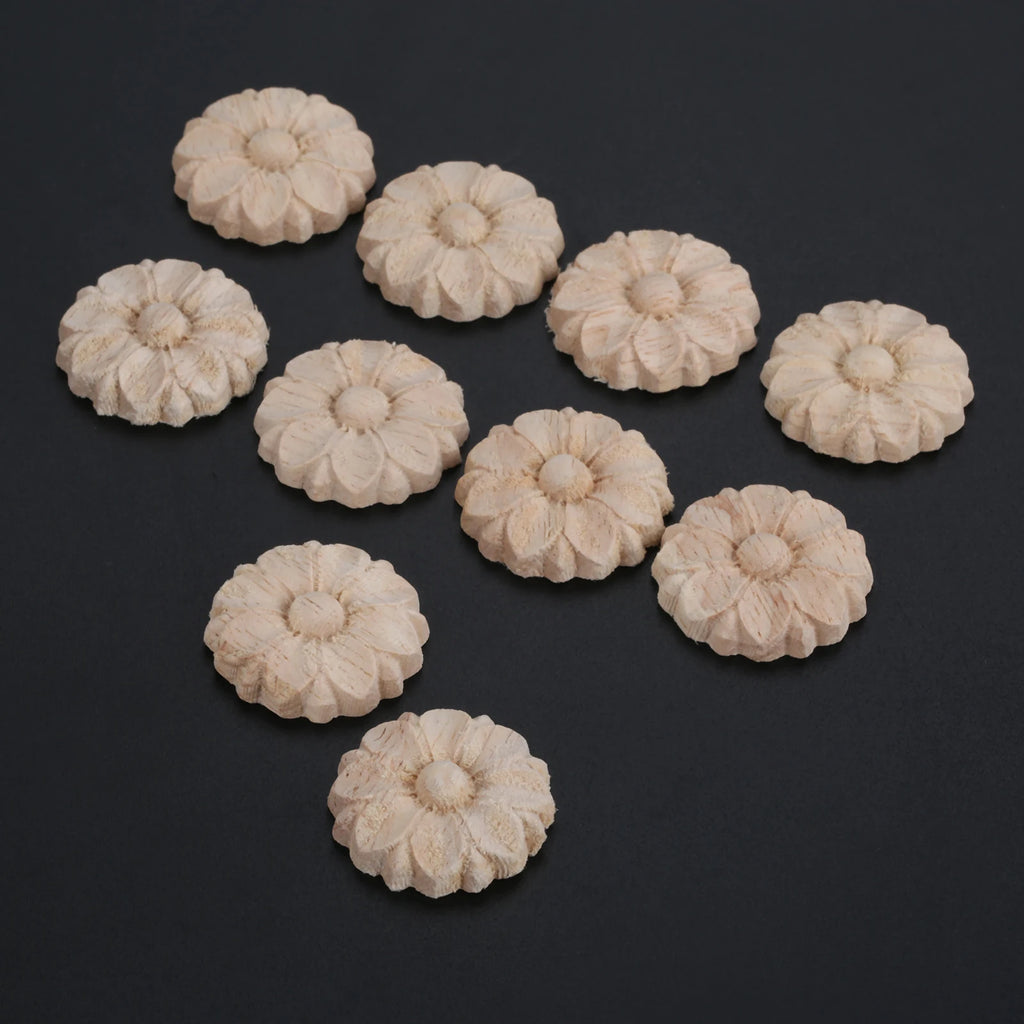 10Pc 3cm Wood Carved Corner Frame Applique Onlay Decal Round Flower Carving Craft Decals for Home Cabinet Door Dresser Bed Decor