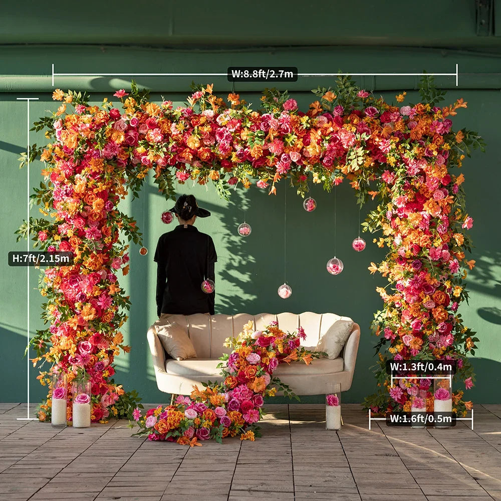 Deco Mariage Backdrop Fleurs Artificielles Decoration Custom Orange Pink Rose Hydrangea Floral Arrangement Decor Props HY2451