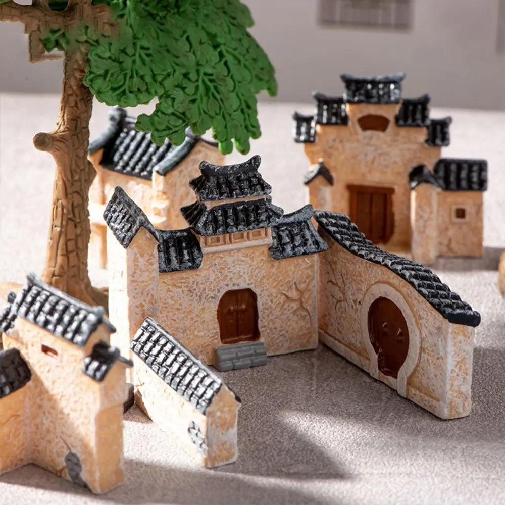 DIY Craft Ornaments Decorative Mini Resin House Retor Resin Bonsai Landscaping Chinese Style Mini House Retro Building Home Desk