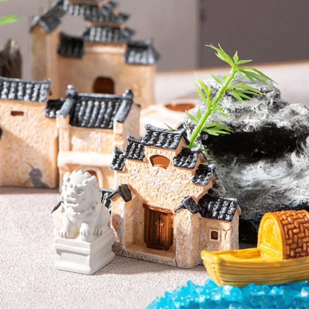 Decorative Mini Resin House Chinese Style Retor Bonsai Landscaping Resin Mini House Retro Building Home Desk
