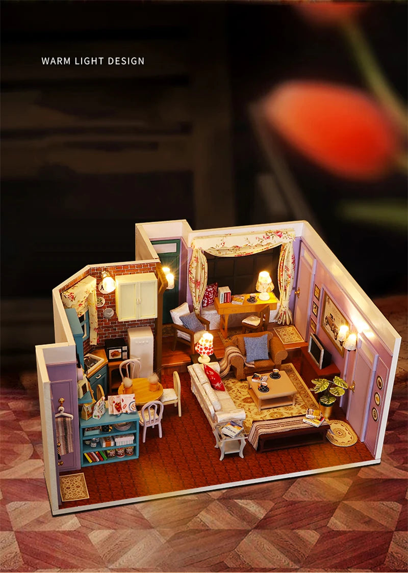 DIY Wooden Central Perk Cafe Casa Miniature Building Kits Bookend With Lights Assembled Bookshelf Home Decoration Friends Gifts