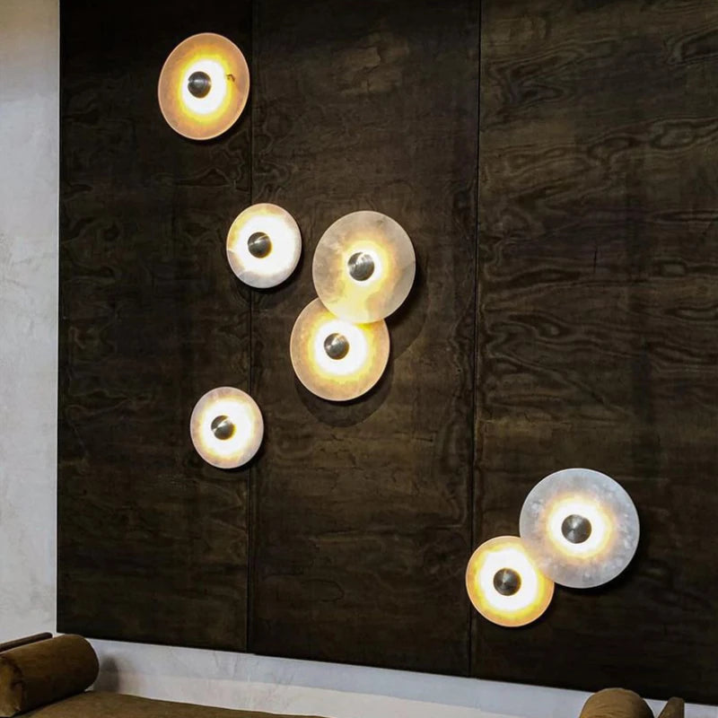Art Deco Natural Marble LED Wall Lamp Hotel Hall Foyer Aisle Corridor Sconce Round Stone Gold Aluminium Free Collocation