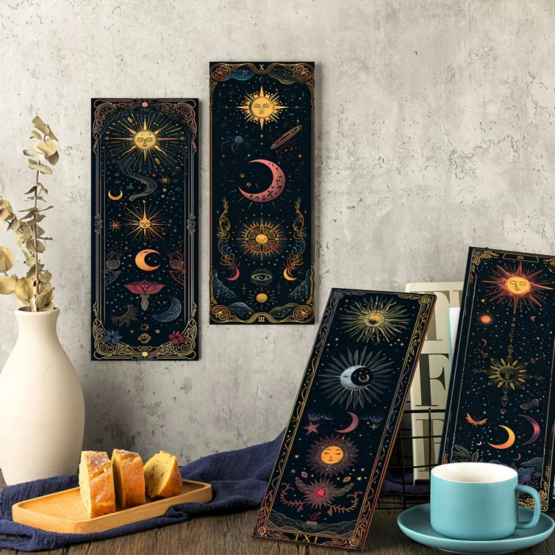 4Bohemian Gothic Style Simple Wooden Wall Decoration - Sun Moon Stars and Mysterious Symbols Decoration，Farmhouse Witch Room Dec