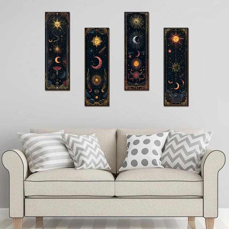 4Bohemian Gothic Style Simple Wooden Wall Decoration - Sun Moon Stars and Mysterious Symbols Decoration，Farmhouse Witch Room Dec