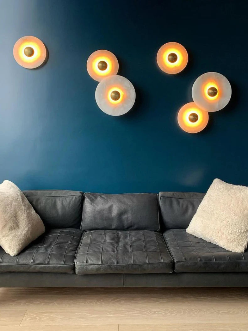 Art Deco Natural Marble LED Wall Lamp Hotel Hall Foyer Aisle Corridor Sconce Round Stone Gold Aluminium Free Collocation