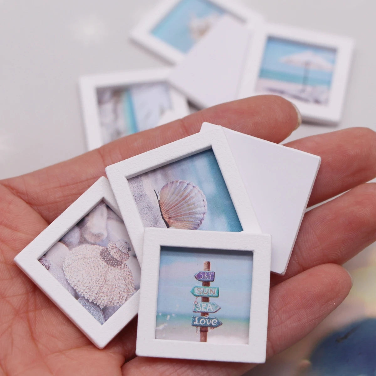 Dollhouse Miniature Wooden Ocean Beach Landscape Vintage Paintings Beach Pictures Framed Wall Art Mini Bedroom Living Home Deco