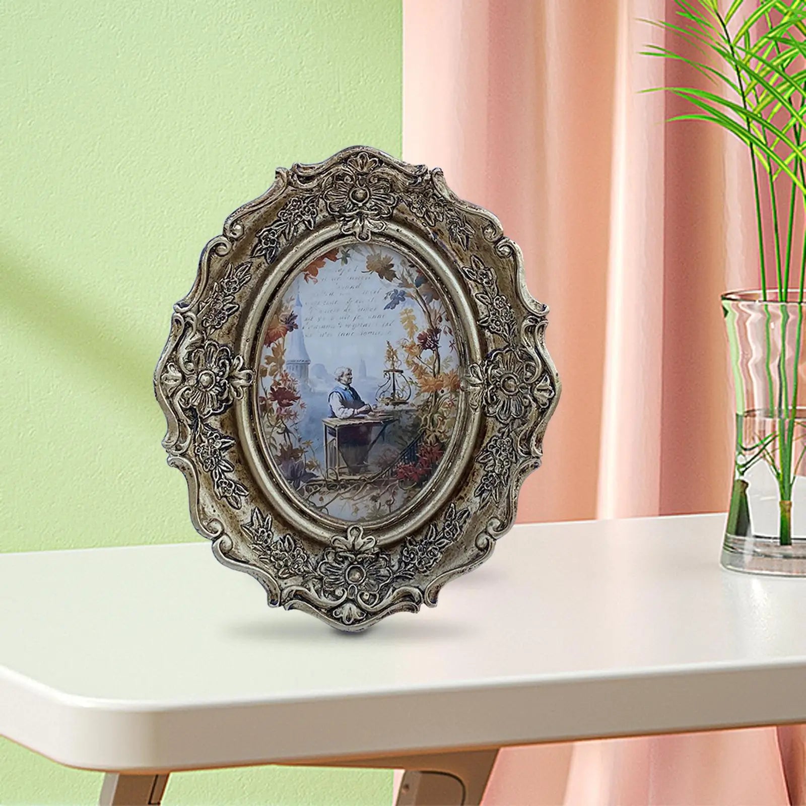 Picture Frame Room Oval Retro Desk DIY Elegant Antique Picture Display Photo Holder for Bedroom Holiday Table Hallway Party