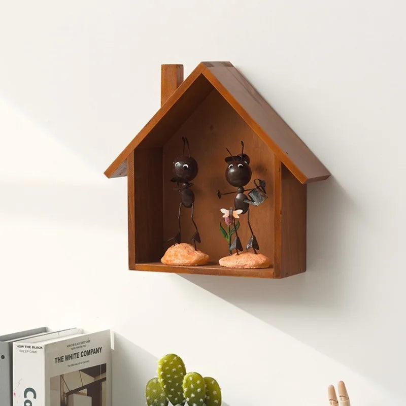 Wooden House Wall Decor Vintage Wall Mounted Shelf for Entryway Living Room Bedroom Minimalist Nordic Style Home Organization