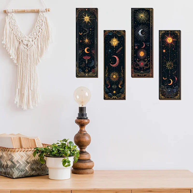4Bohemian Gothic Style Simple Wooden Wall Decoration - Sun Moon Stars and Mysterious Symbols Decoration，Farmhouse Witch Room Dec