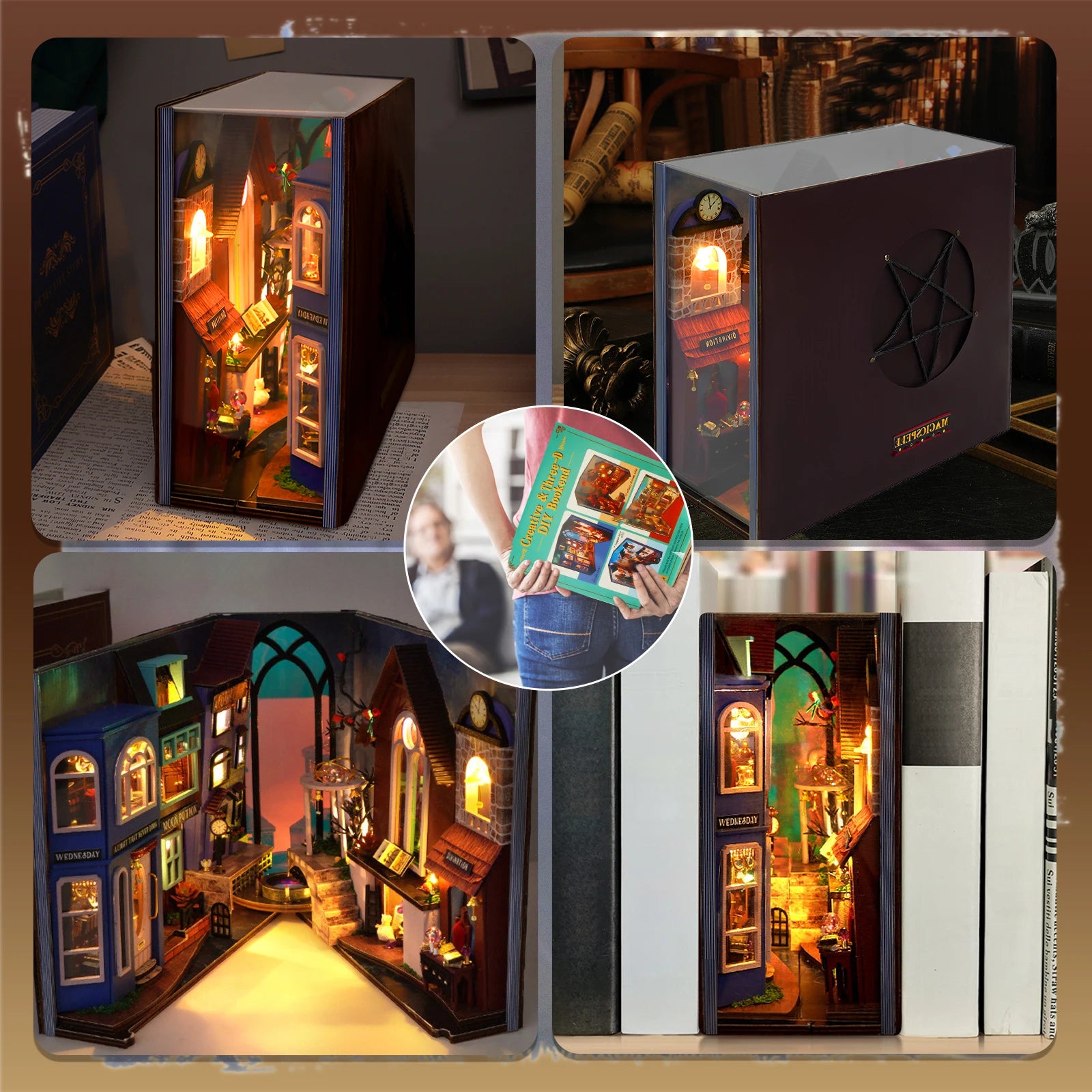 DIY Book Nook Kit Decorative Miniature House Bookend Bookshelf Insert Decor Kit Creative DIY Bookend Model Set for Desk